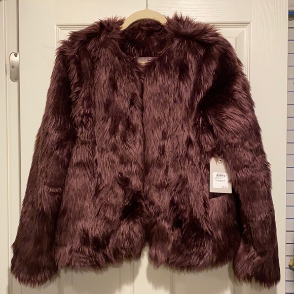 NWT Nordstrom “Chelsea28” Maroon Faux Fur Open Front Lined Long Sleeve Coat - Picture 2 of 7